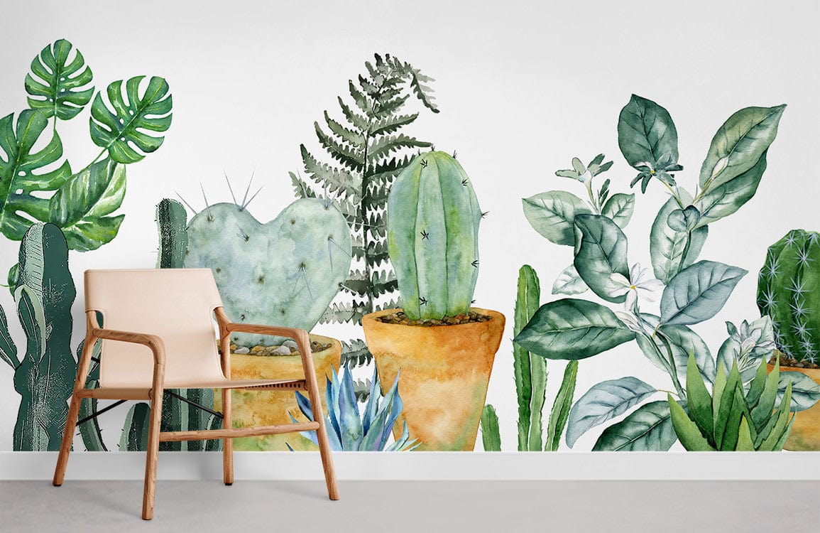 Cream chair on grey flooring complements Botanical Oasis mural with cacti and fern design wallpaper.