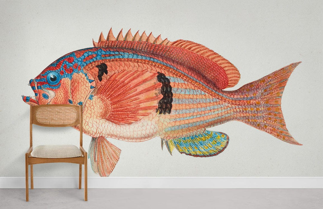 Colourful Vintage Fish Pattern Mural Wallpaper with wooden chair, grey flooring in nautical-themed decor.