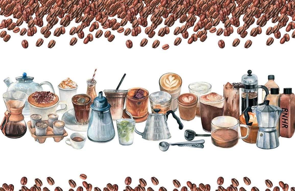 Coffee Enthusiast's Delight: Vibrant Beverage Illustration Mural Wallpaper Design