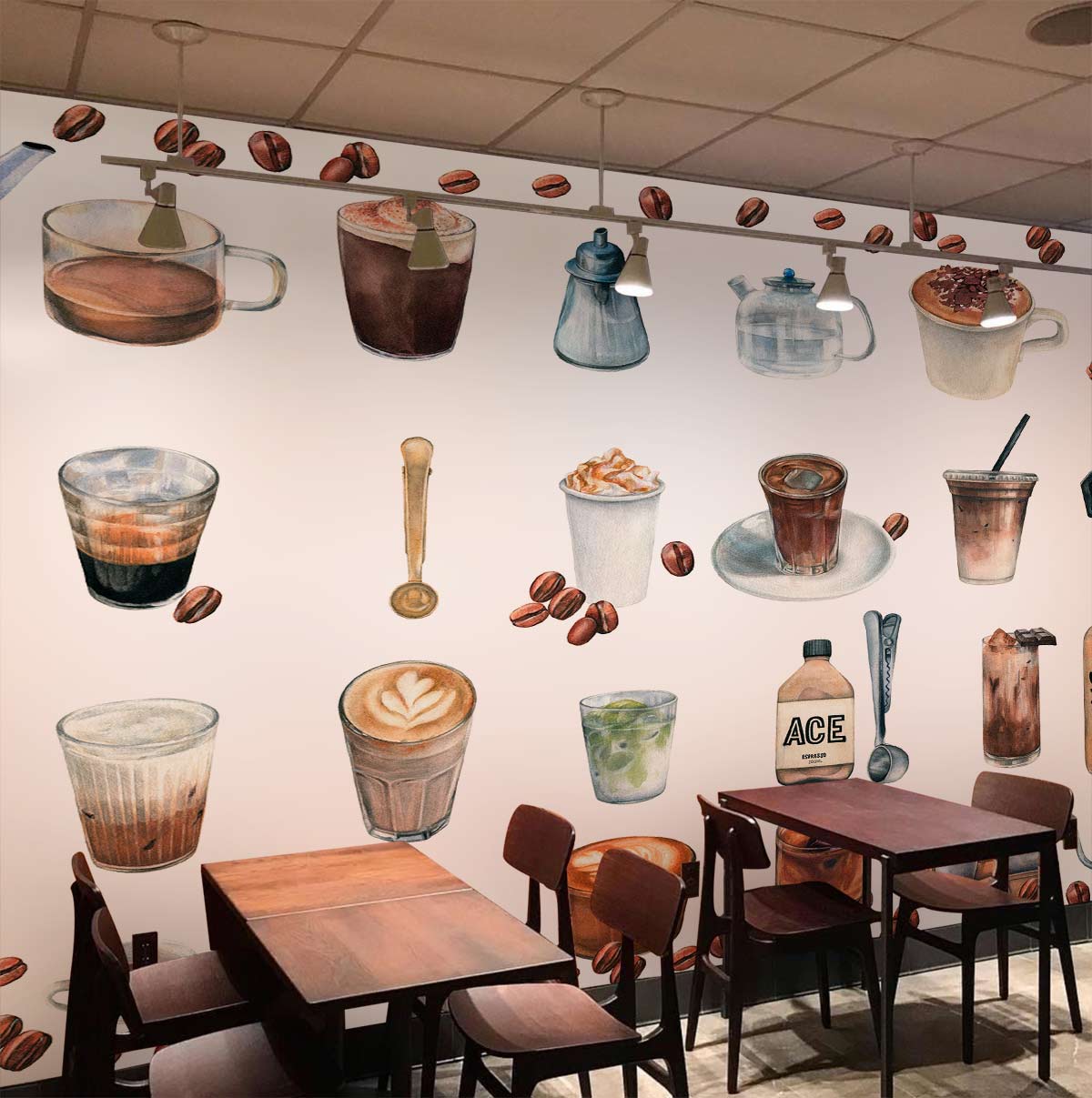 Vintage Coffee Mural Wallpaper in cosy café with wooden tables, chairs, and stylish lighting fixtures.
