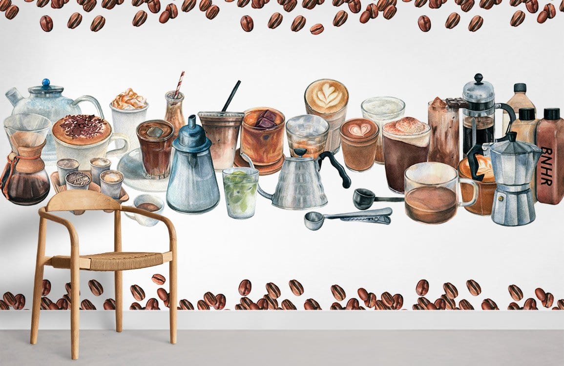 Vibrant coffee mural wallpaper, wooden chair, white wall, grey flooring, modern living room decor.