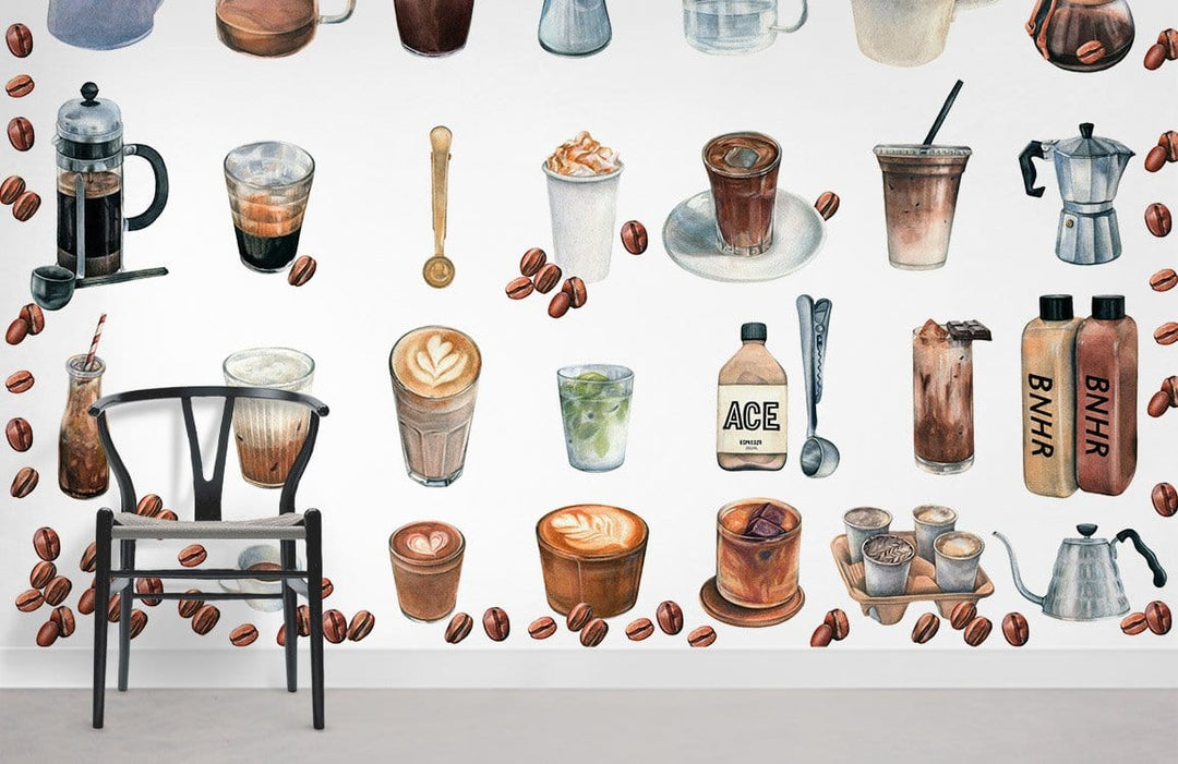 Vintage Coffee Lover's Delight mural: watercolour kitchen art, featuring various coffee elements with modern chair.