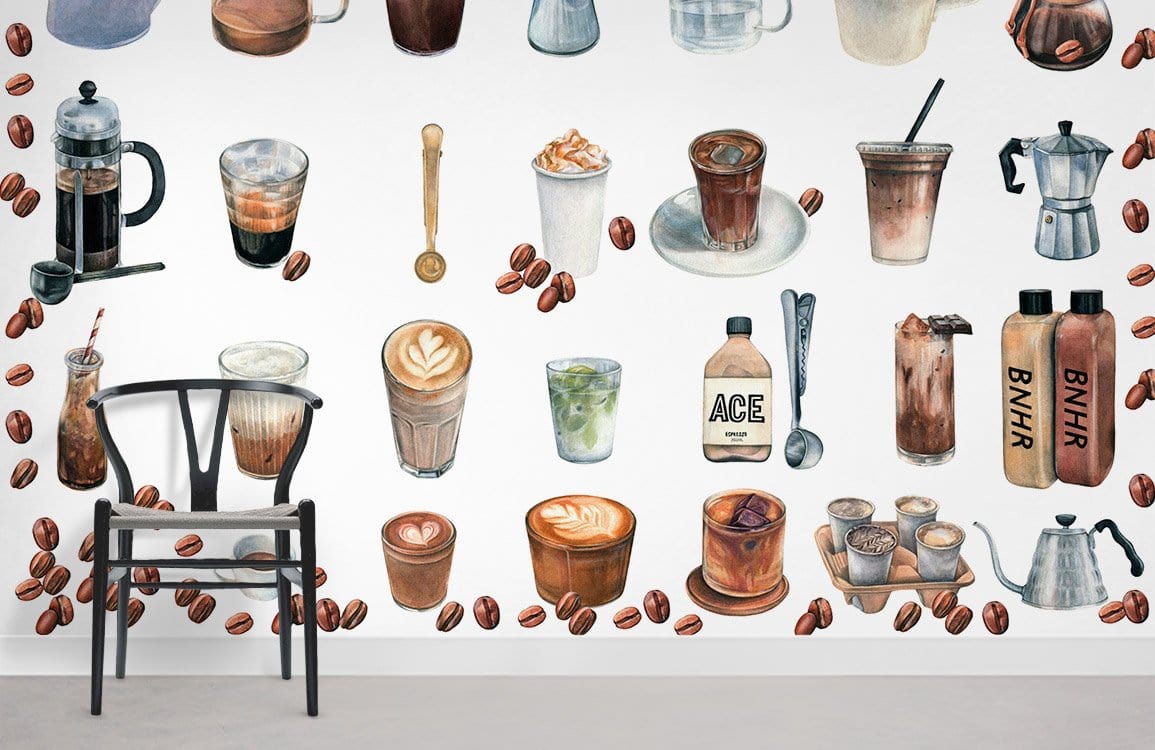 Vintage Coffee Lover's Delight mural: watercolour kitchen art, featuring various coffee elements with modern chair.
