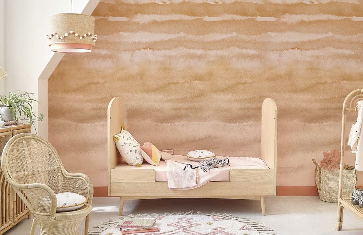 Golden Sand Watercolour Waves wallpaper, textured wall, light wood furniture, elegant child's room, rattan chair.
