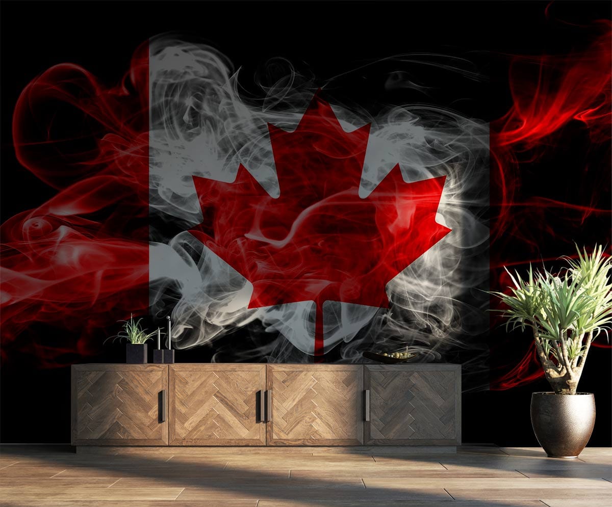 Canadian Flag Mural Wallpaper, red and white smoky design, with wooden sideboard and tiled flooring.