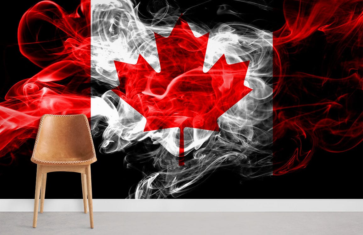 Canadian Flag Mural Wallpaper with smoky design, tan leather chair, grey flooring, minimalist room setting.