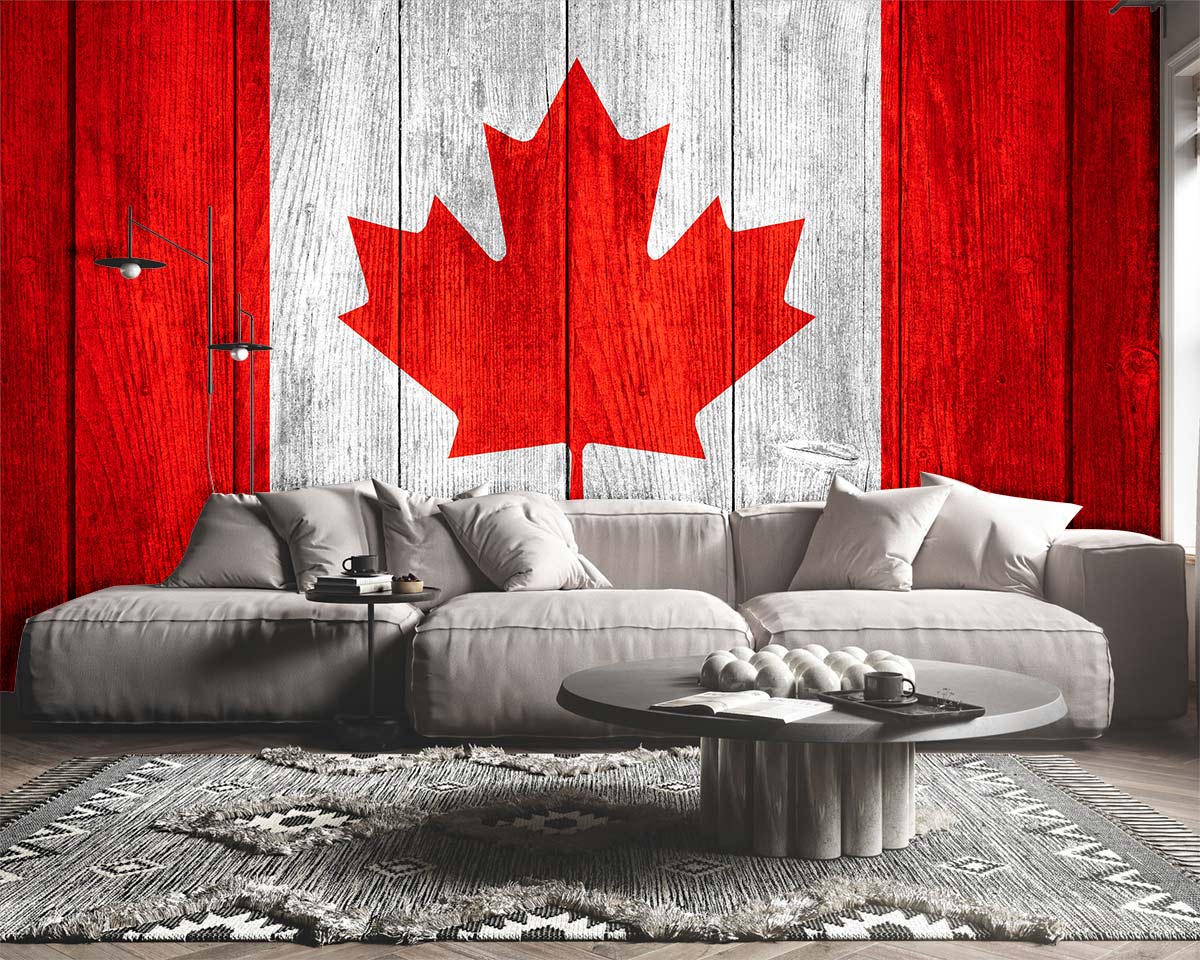 Rustic Canadian Flag Mural Wallpaper, grey sofa, patterned rug, stylish living room Décor.