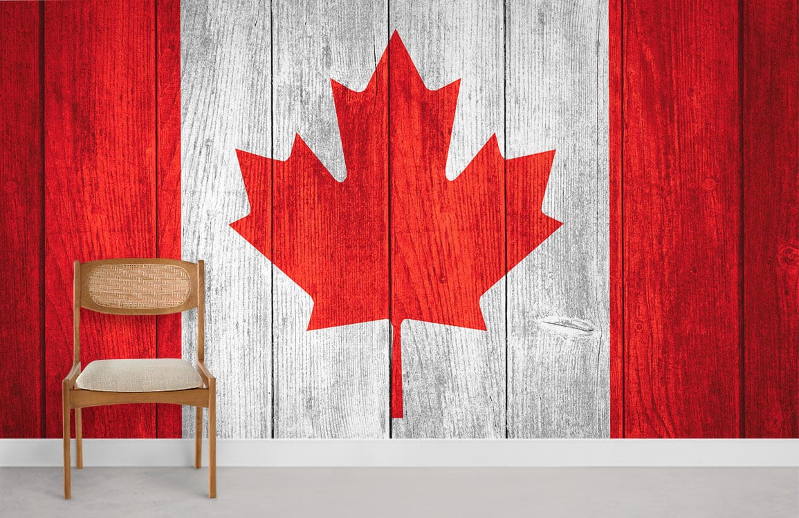 Rustic Canadian Flag Wood Mural Wallpaper, red white, chair, light flooring, room charm, stylish decor.