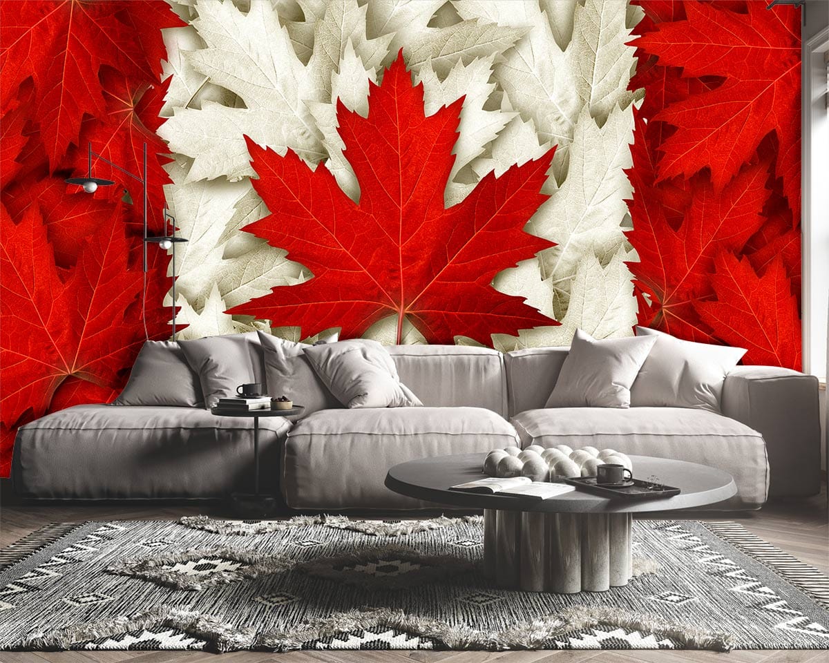 Red and White Maple Leaf Mural Wallpaper, grey sofa, modern rug, and round coffee table in living room.