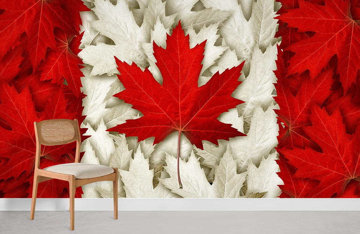 Red and white maple leaf mural wallpaper with wooden chair, grey floor; Canadian themed room decor.