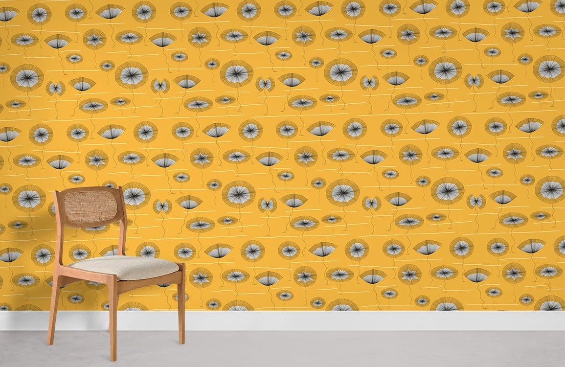 Retro mustard yellow geometric wallpaper with modern British design, wooden chair, grey flooring, living room.
