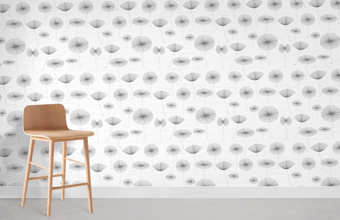 Minimalist grey abstract pattern wallpaper with wooden stool; modern elegant interior design, grey flooring.