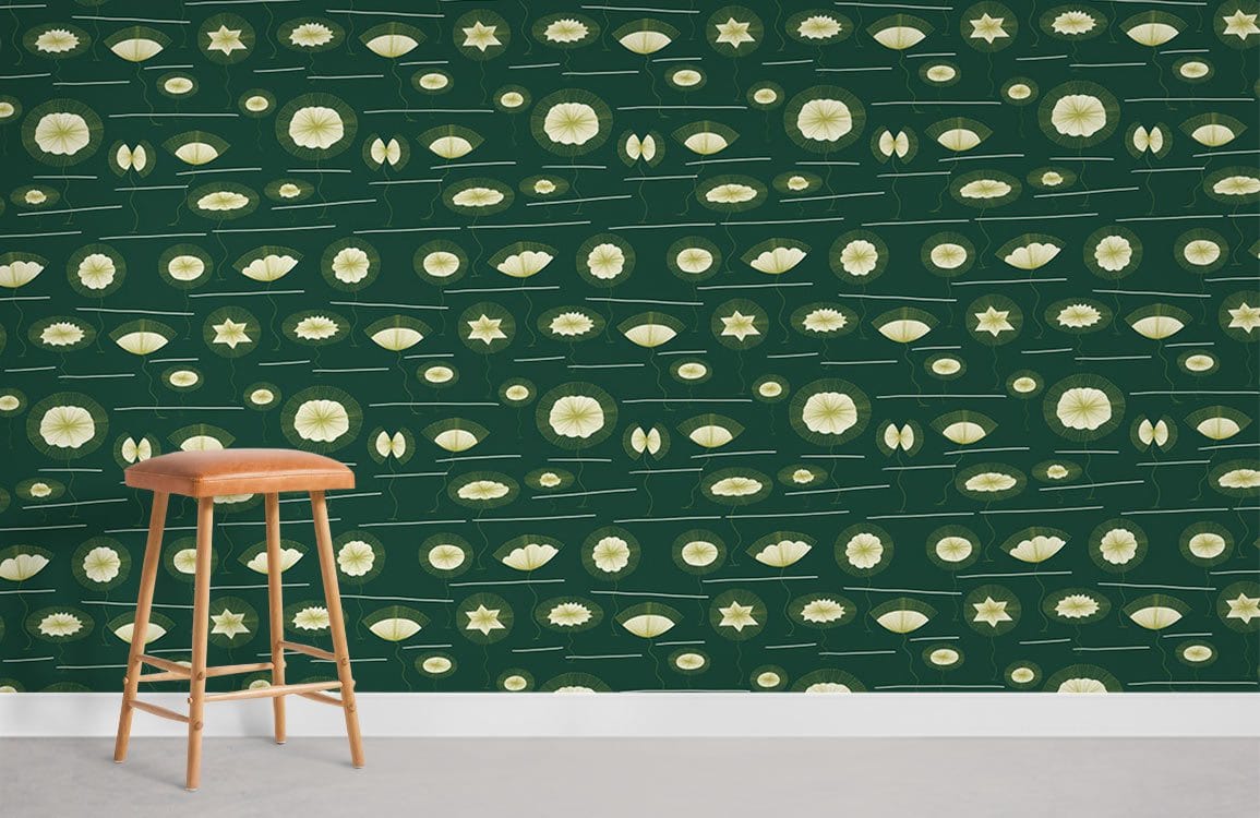 Vintage green floral wallpaper with retro botanical design, featuring wooden stool, grey floor in room.