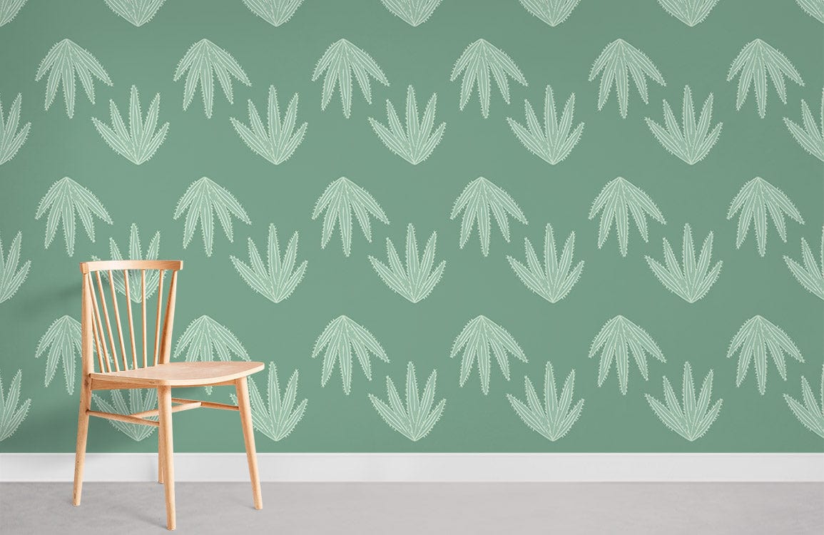Elegant sage green leaf wallpaper with wooden chair, white trim, and sleek modern flooring.