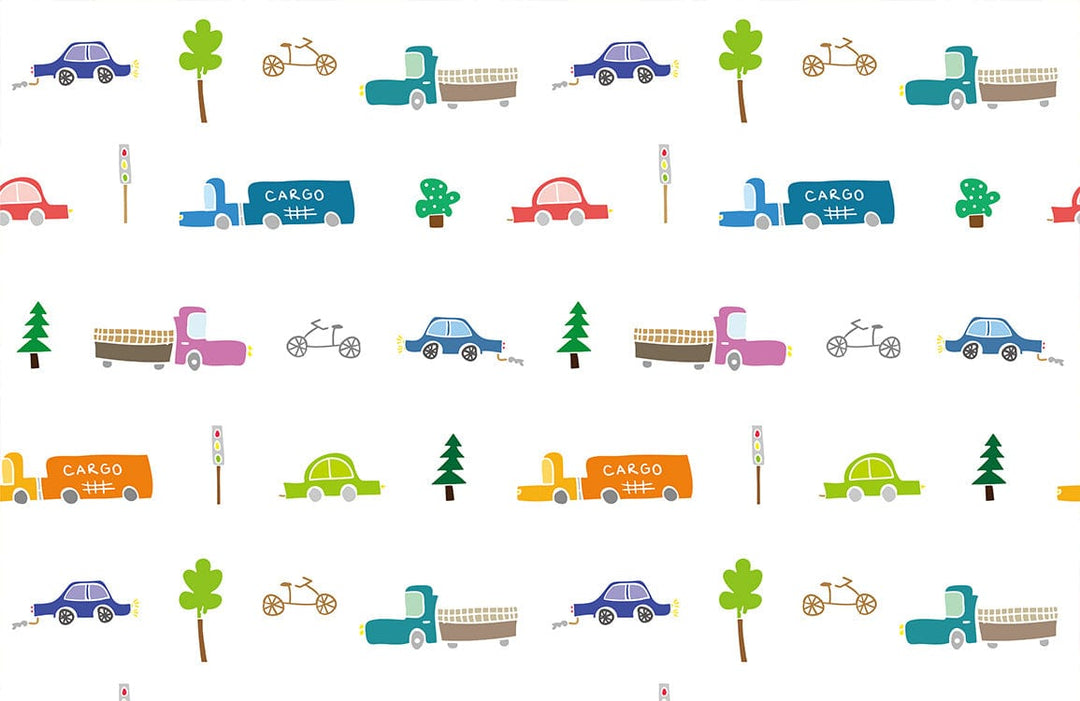 Colourful Retro Transport Nursery Wallpaper - Playful Cars and Trees Design