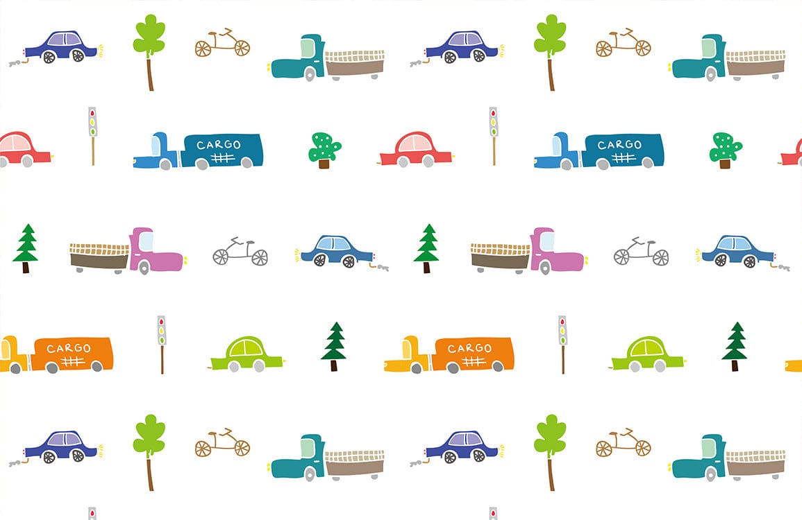 Colourful Retro Transport Nursery Wallpaper - Playful Cars and Trees Design