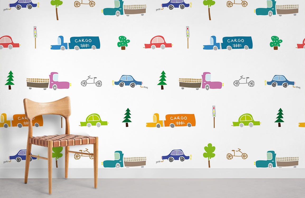 Colourful Retro Transport Nursery Wallpaper with playful cars design, wooden chair, and grey flooring.