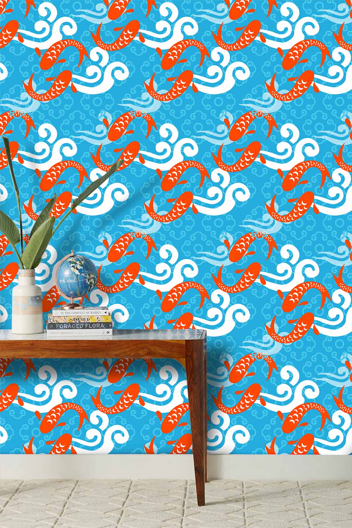 Vibrant Blue and Orange Koi Fish Wave Pattern Wallpaper with wooden table, beige carpet flooring.