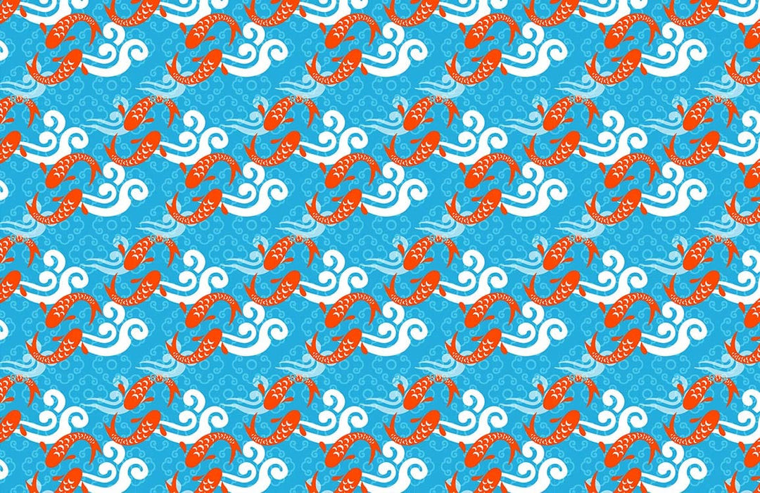 Vibrant Blue and Orange Koi Fish Wave Pattern Wallpaper Décor