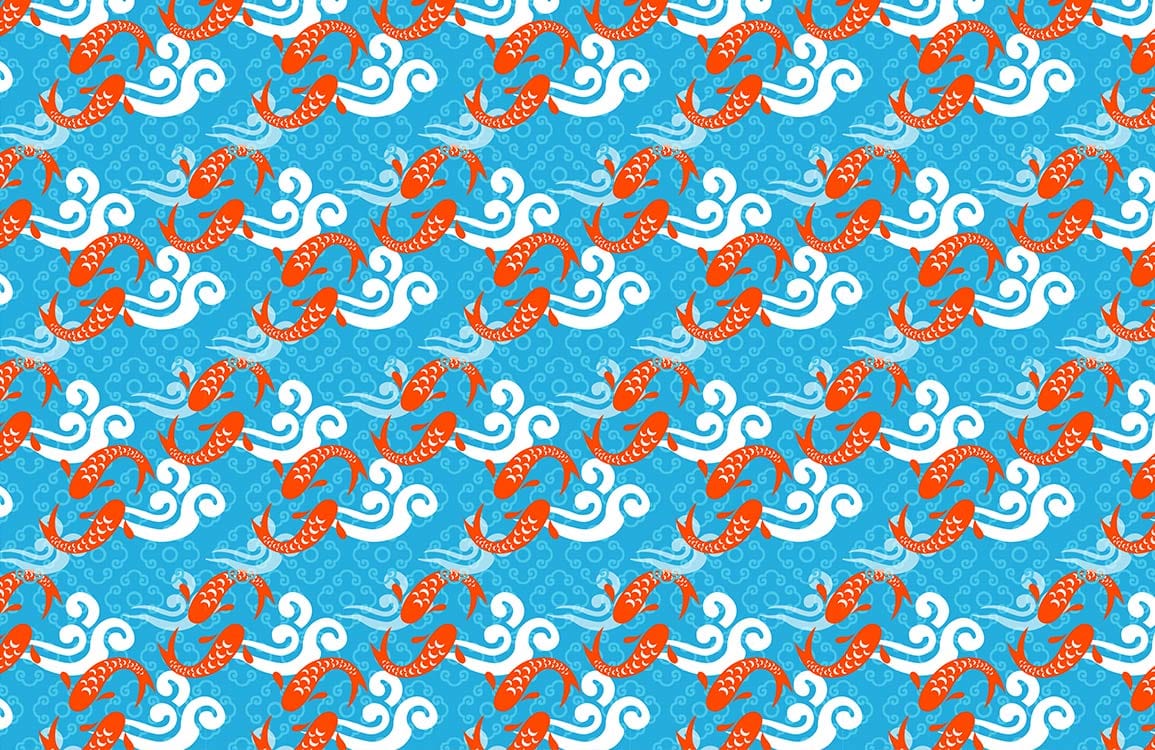 Vibrant Blue and Orange Koi Fish Wave Pattern Wallpaper Décor