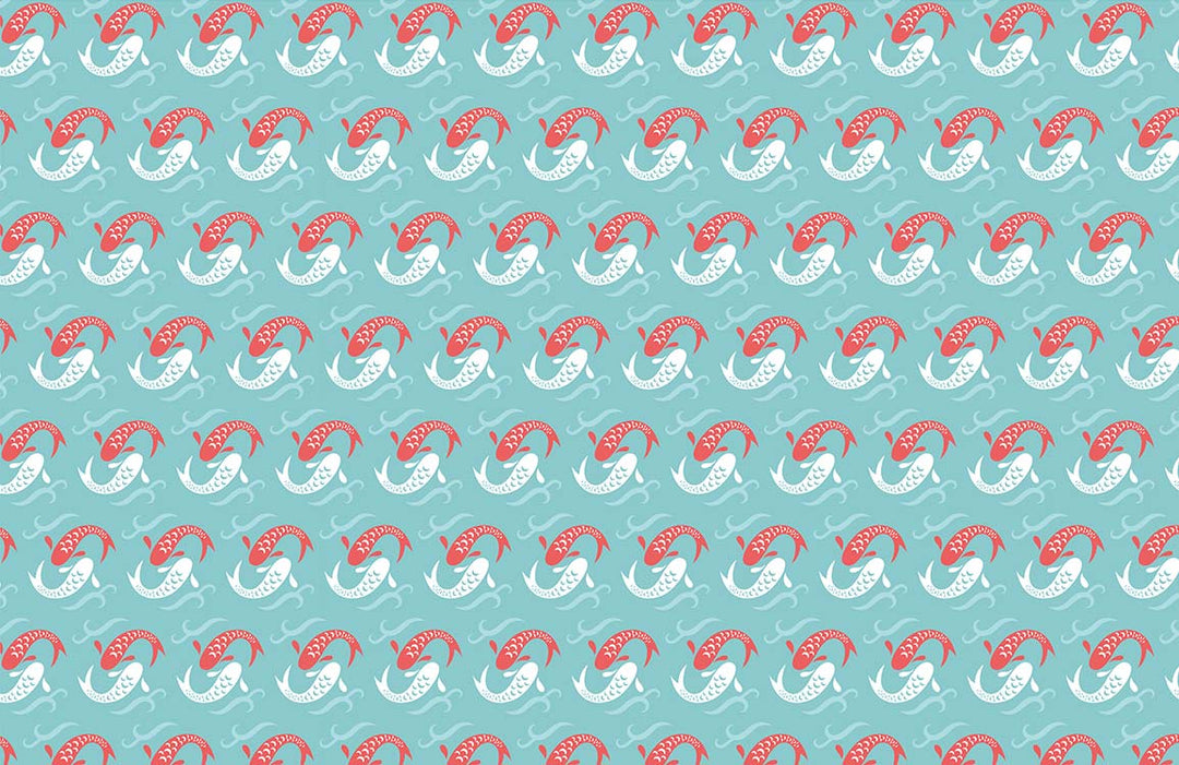 Aqua and Coral Vintage Fan Pattern Wallpaper for Elegant Interiors