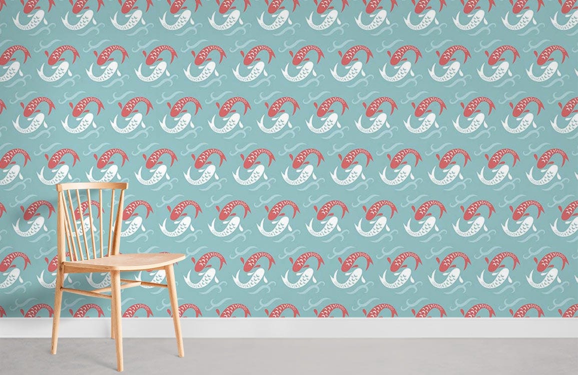 Aqua coral vintage fan wallpaper in elegant room with wooden chair and grey flooring.