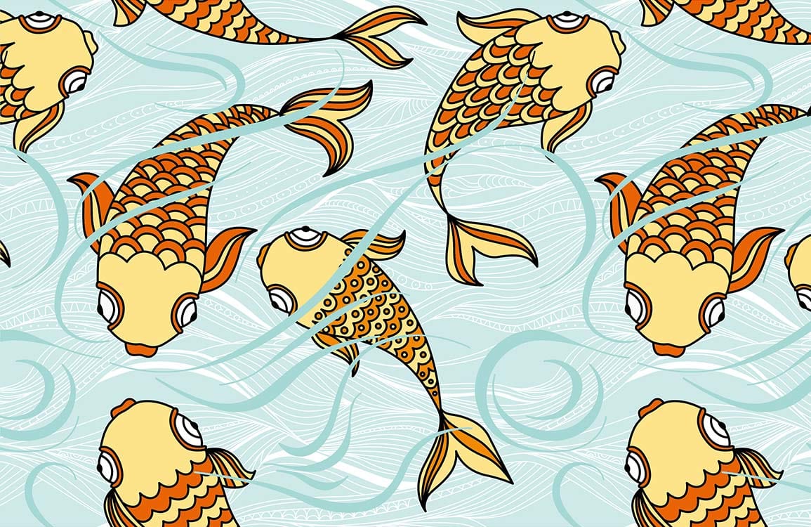Vintage Aqua Koi Fish Pattern Wallpaper - Oriental Style Home Decor