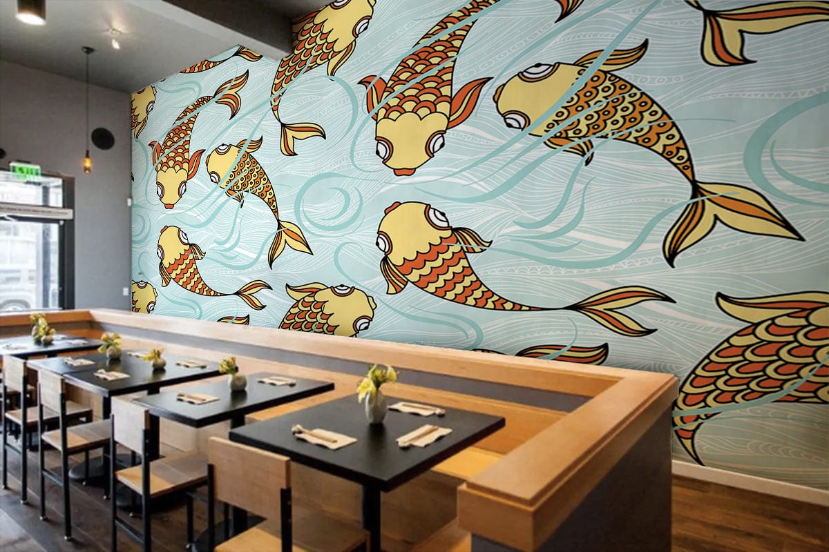 Vintage Aqua Koi Fish Wallpaper in dining room, vibrant Oriental style, black tables, modern decor.