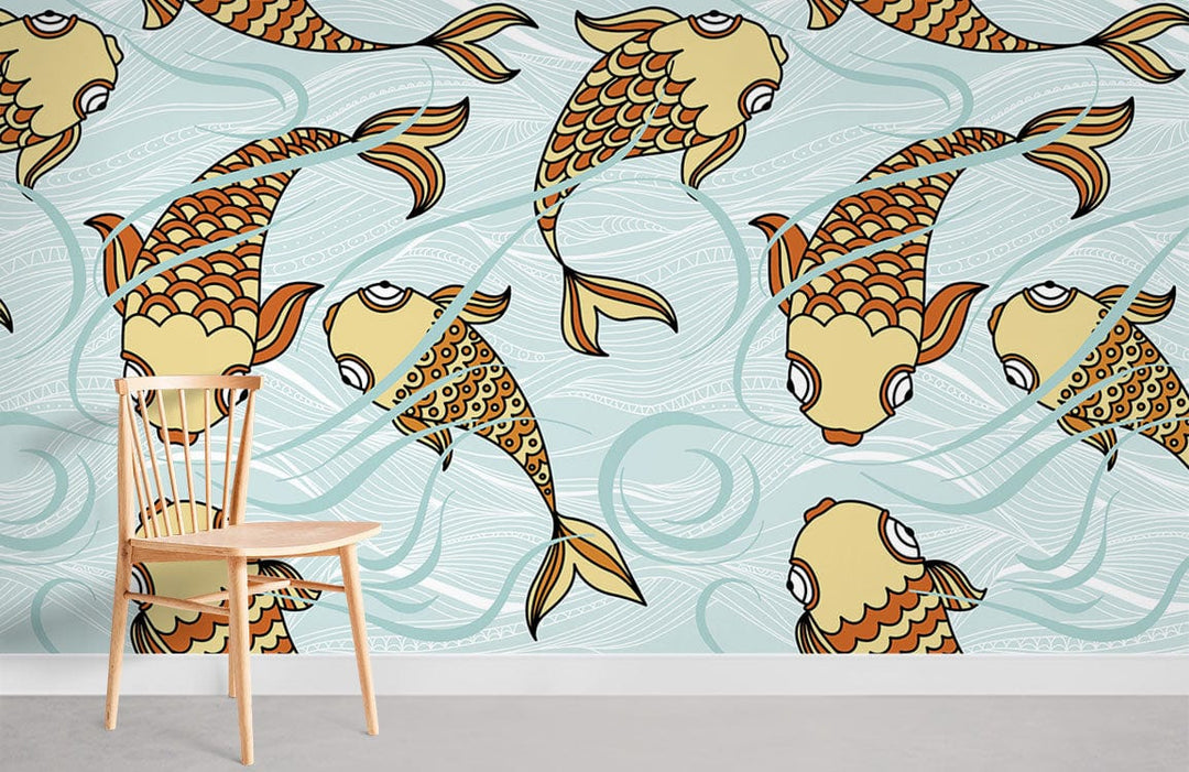 Vintage aqua koi fish wallpaper, wooden chair in minimalistic room, oriental decor style.