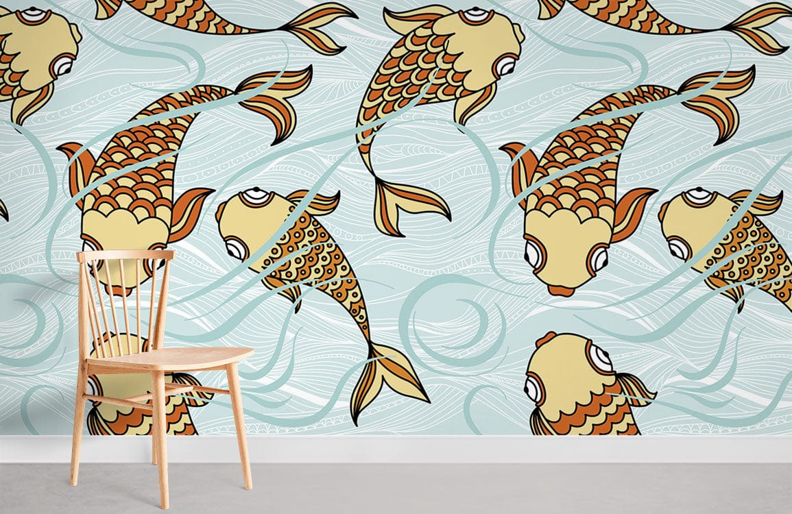 Vintage aqua koi fish wallpaper, wooden chair in minimalistic room, oriental decor style.