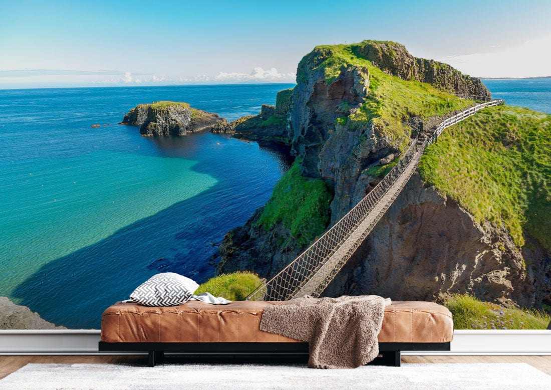 Tranquil Coastal Cliff Mural in vibrant greens and blues, modern sofa, wooden flooring, serene living room.