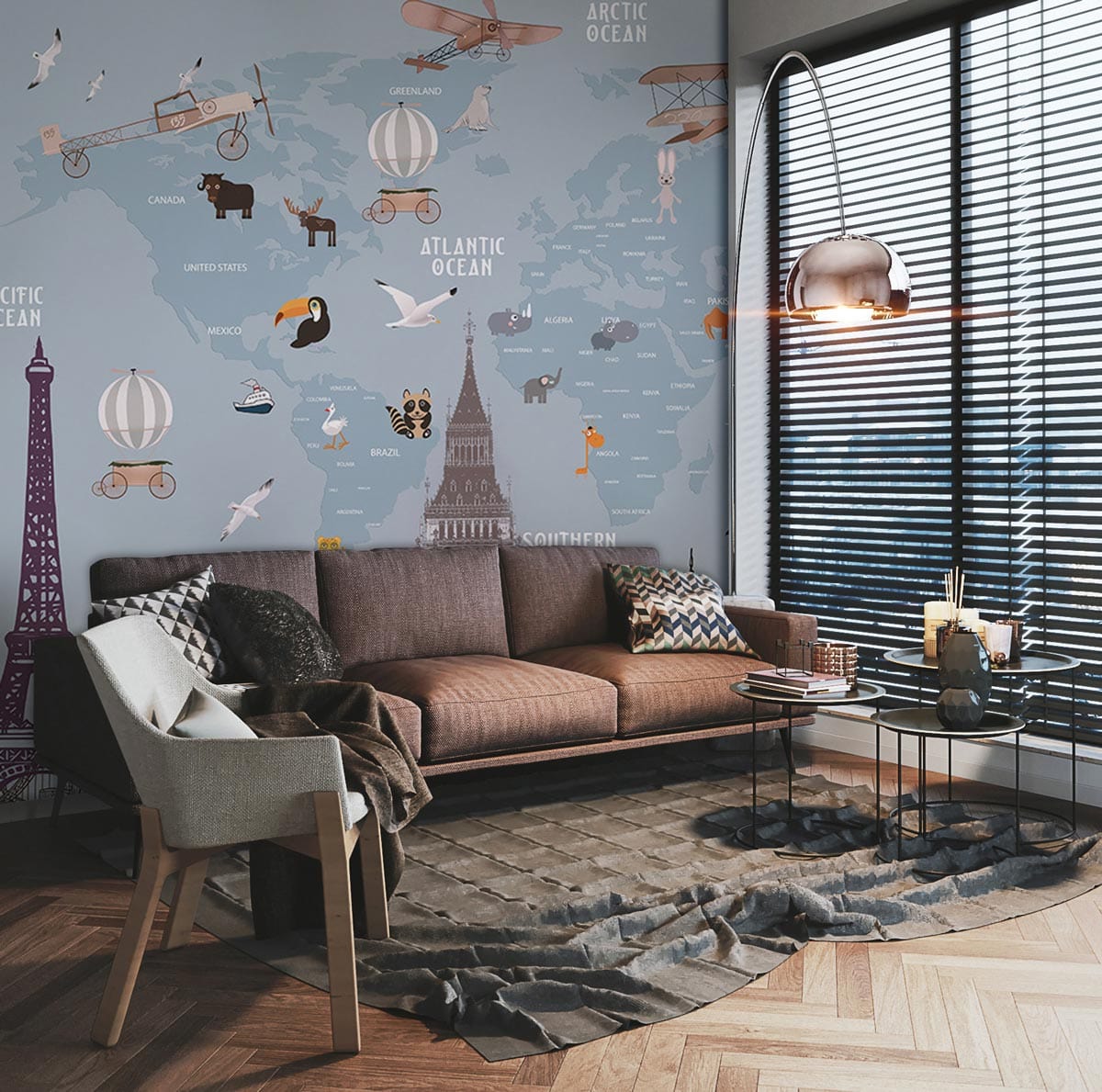 Whimsical World Map Mural matches brown sofa, grey rug; elegant living room with parquet flooring.