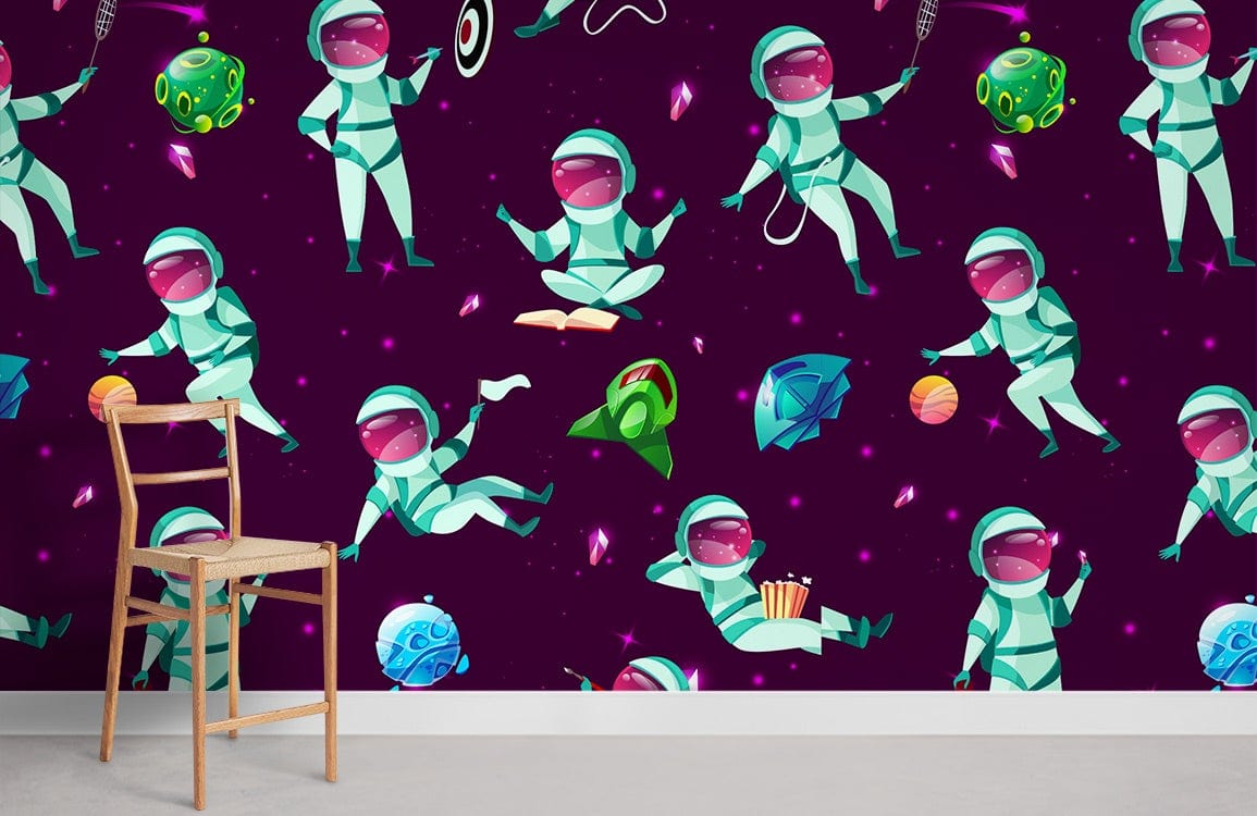 Playful Astronaut wallpaper in a kids' room with wooden chair, purple cosmic theme, grey flooring.