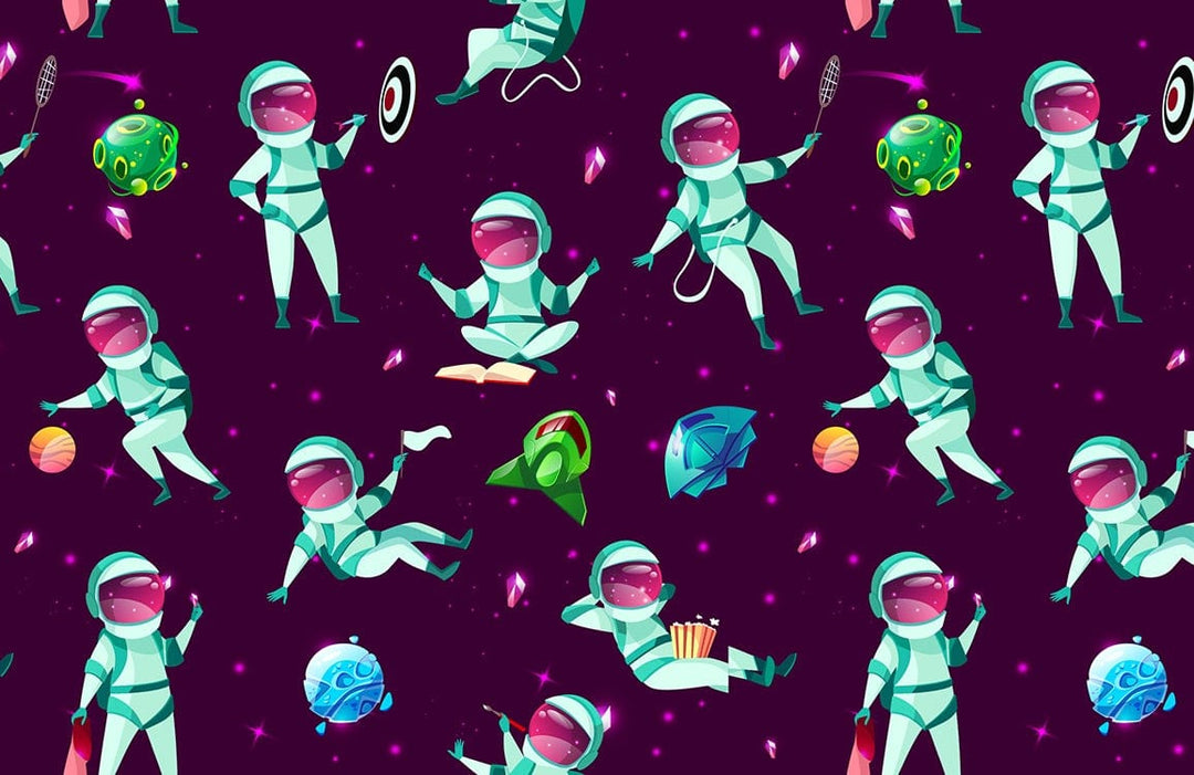 Playful Astronaut Galaxy Adventure Kids' Mural Wallpaper - Purple Cosmic Fun