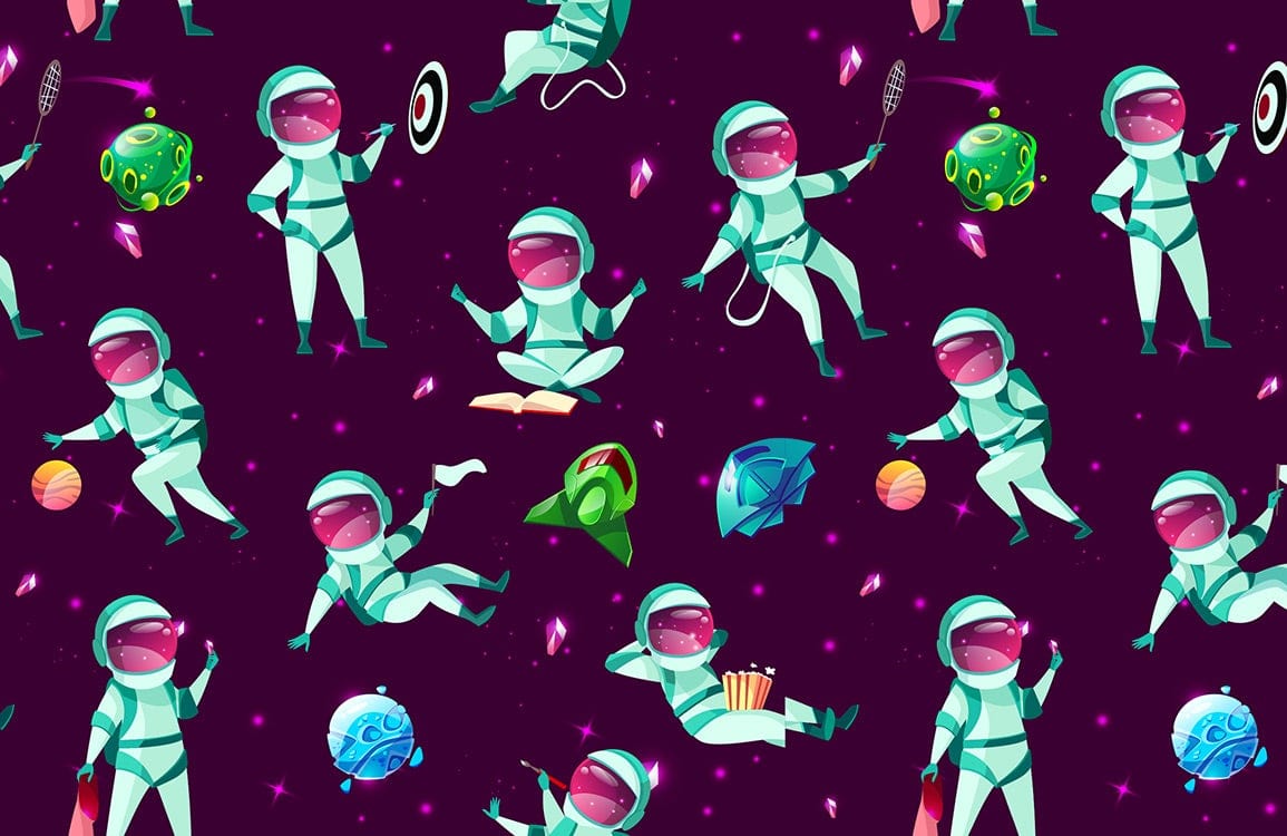 Playful Astronaut Galaxy Adventure Kids' Mural Wallpaper - Purple Cosmic Fun