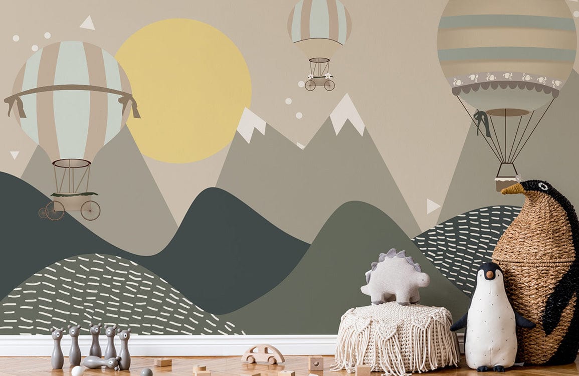 Vintage hot air balloon mural in earthy pastels, nursery setting with plush toys and wooden flooring.