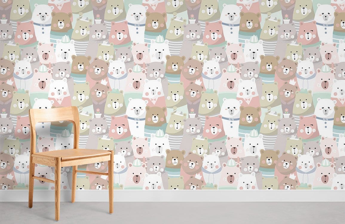 Pastel Bear Friends Nursery Wallpaper with cute animal pattern, wooden chair, grey flooring, nursery decor.
