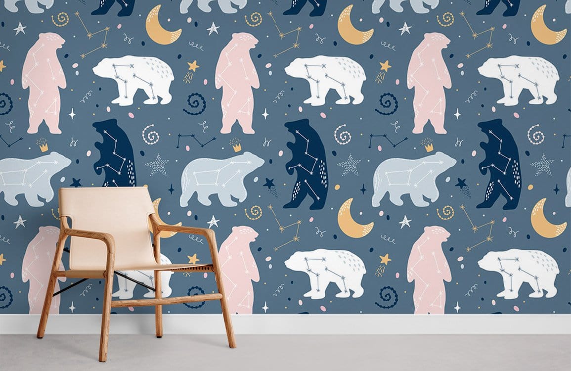 Enchanted Night Sky Bear Kids Wallpaper in blue, complementing minimalist wooden chair on light flooring.