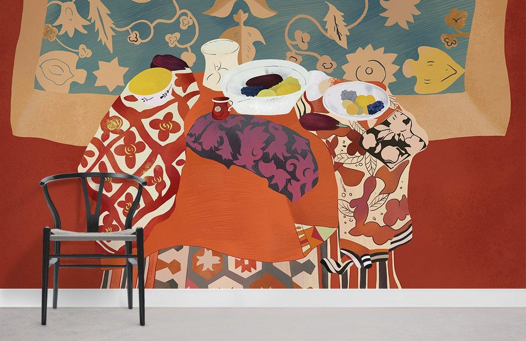 Eclectic Bohemian Feast Mural with Artistic Patterns in Earthy Tones, black chair, light grey floor.