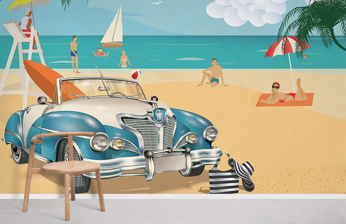 Retro Beach Paradise mural wallpaper features vintage car, blue-sandy hues, beach scene, and wooden chair.