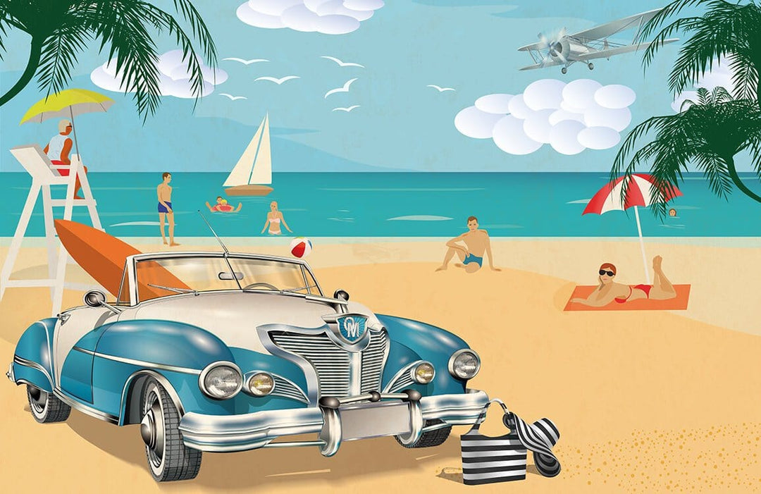 Retro Beach Paradise Vintage Car Mural Wallpaper in Blue and Sandy Hues