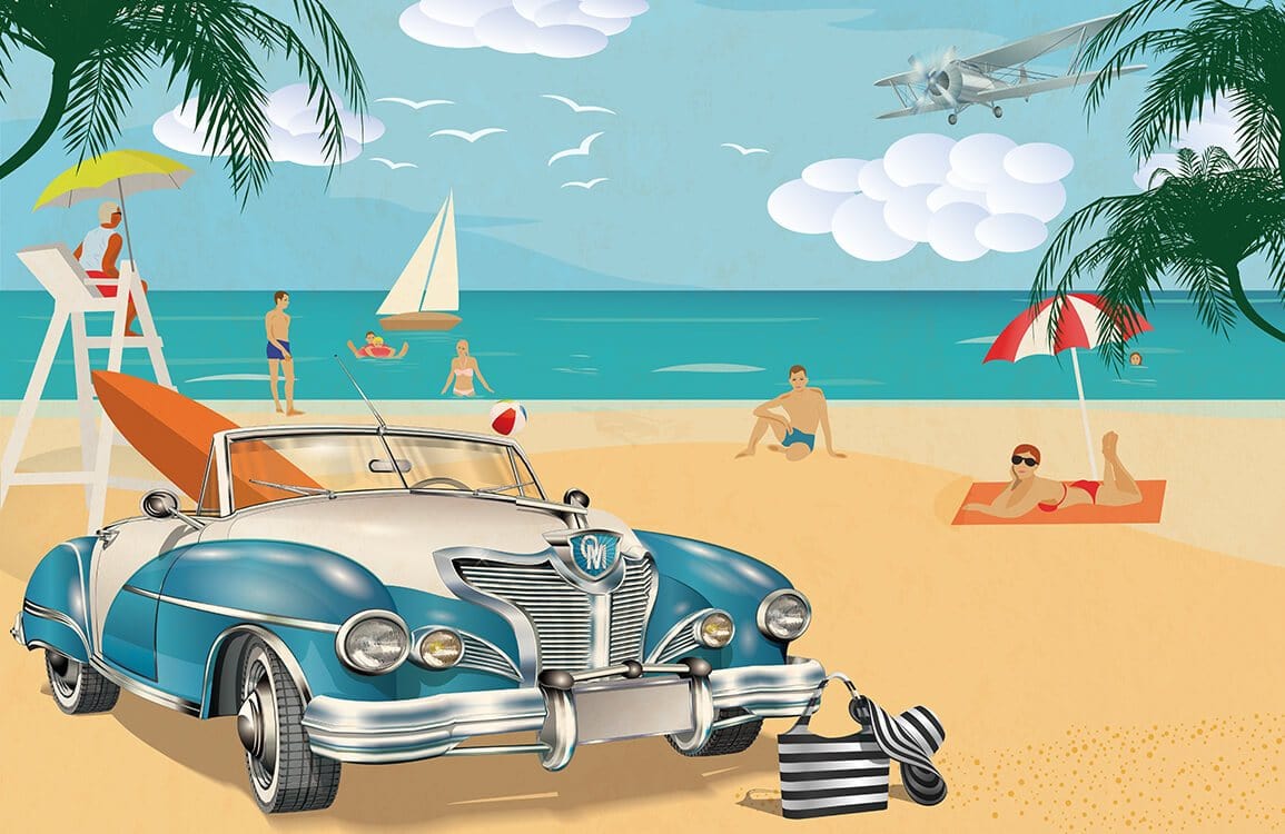 Retro Beach Paradise Vintage Car Mural Wallpaper in Blue and Sandy Hues