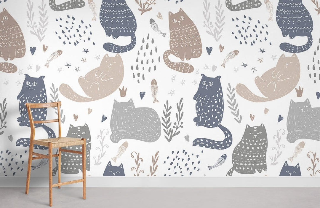 Whimsical Pastel Cat Wallpaper with wooden chair, in modern interior, light grey flooring.