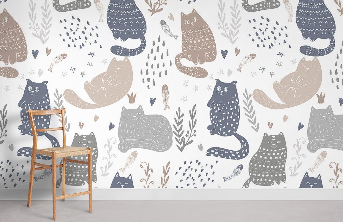 Whimsical Pastel Cat Wallpaper with wooden chair, in modern interior, light grey flooring.