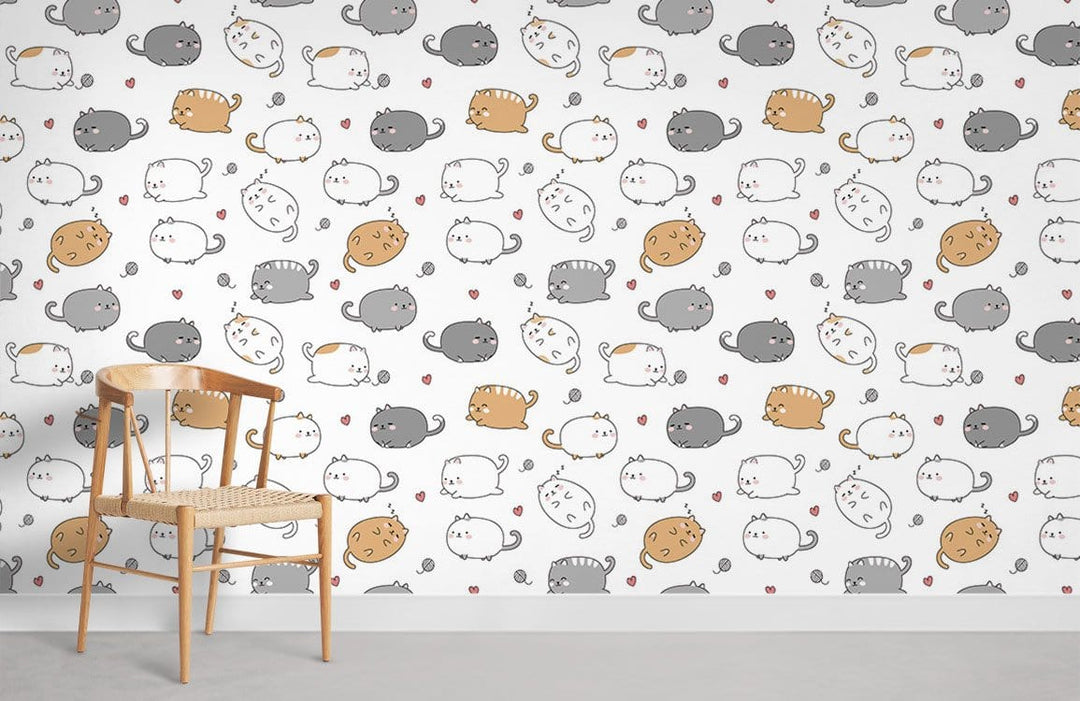 Charming Cartoon Cats Pattern Wallpaper in grey, orange and white with wooden chair, grey floor.