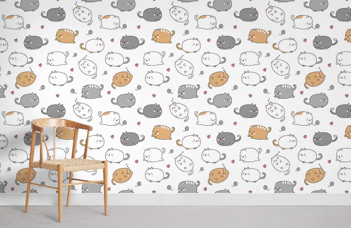 Charming Cartoon Cats Pattern Wallpaper in grey, orange and white with wooden chair, grey floor.