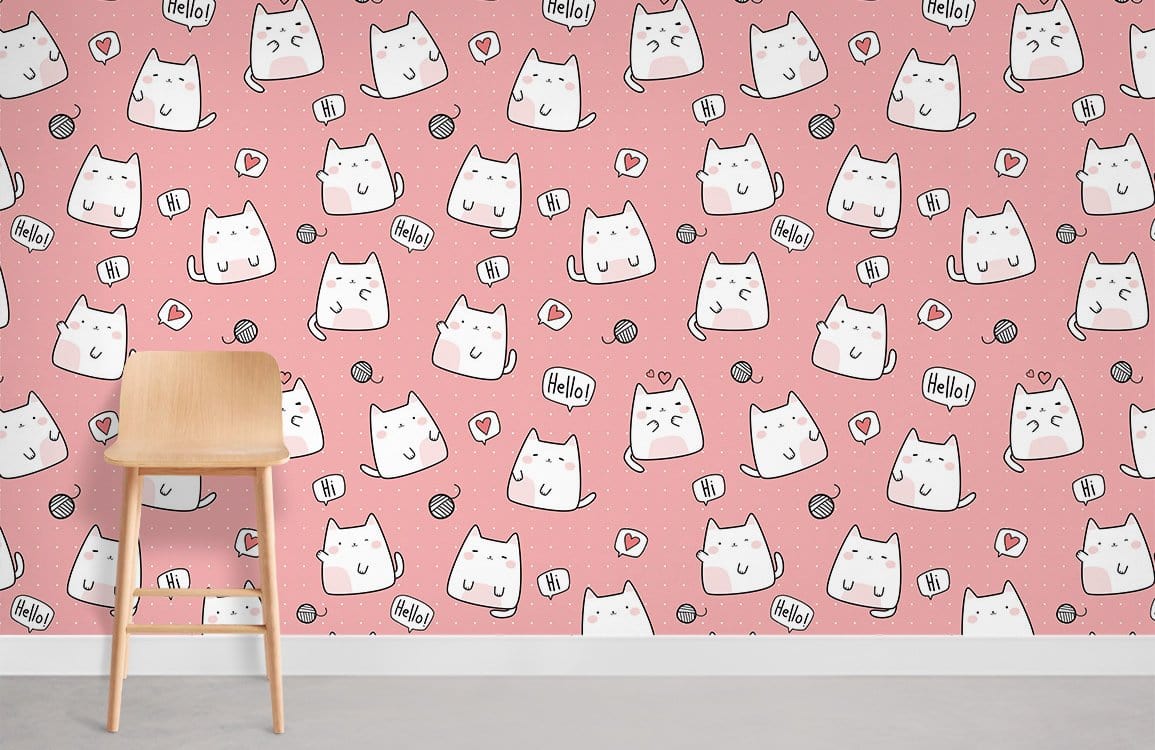 Greeting Cat Cartoon Wall Mural Room