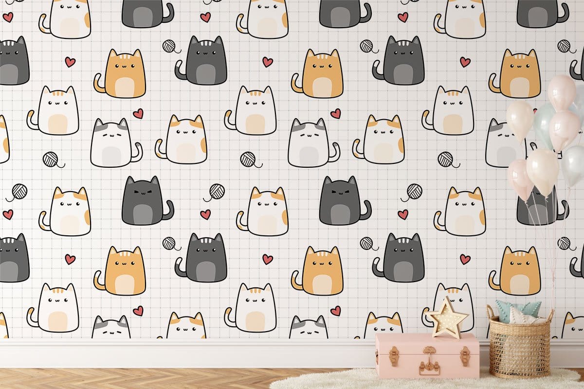 Playful Cartoon Cat Wallpaper with Cute Pastel Design, light wooden flooring, children's room furnishings.