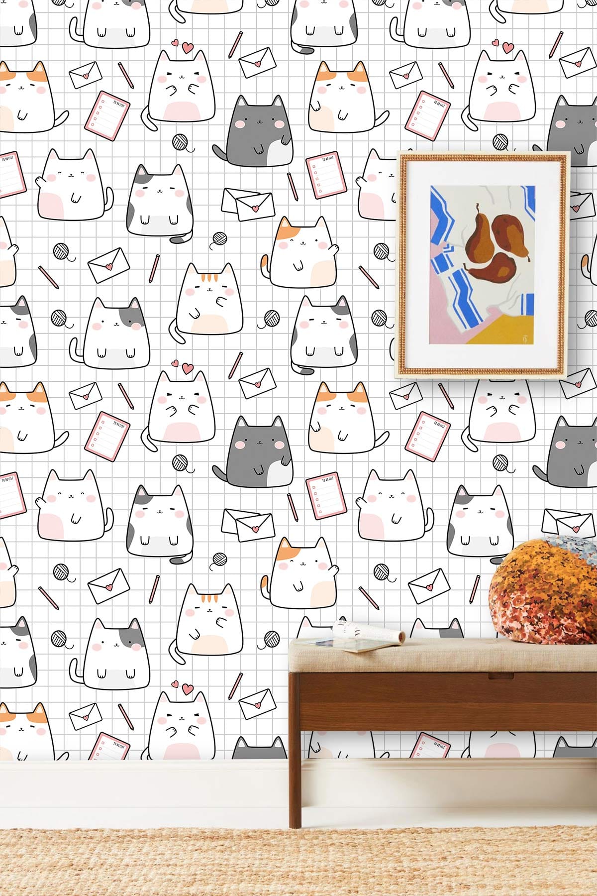 Cute cat pattern wallpaper with whimsical grey, white design, modern artwork, wooden table, rug.