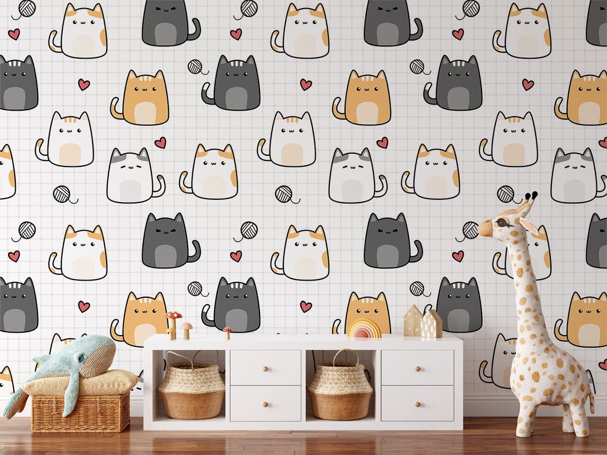 Playful cartoon cat wallpaper in kids' room, wooden flooring, white storage cabinet, giraffe decor.